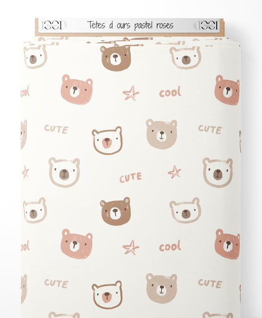 Tissu - Têtes d'ours pastel roses
