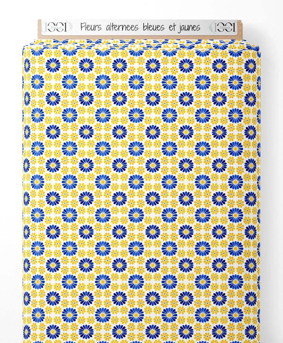 Tissu - Fleurs alternées bleues et jaunes
