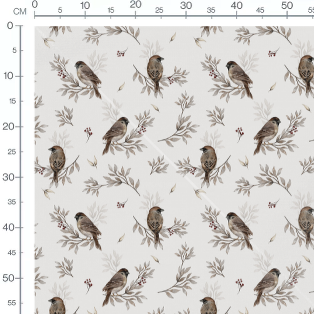 Tissu - Moineaux sur branches feuillues