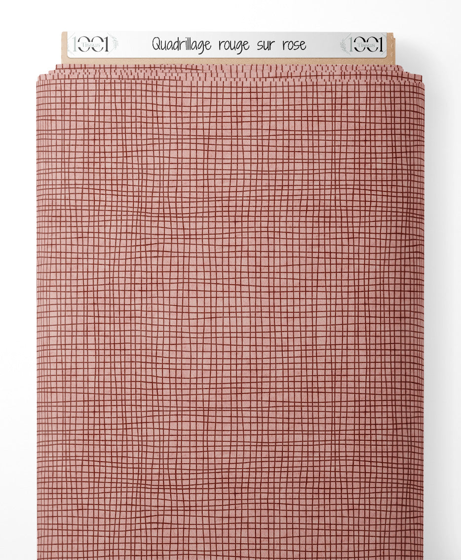 Tissu - Quadrillage rouge sur rose