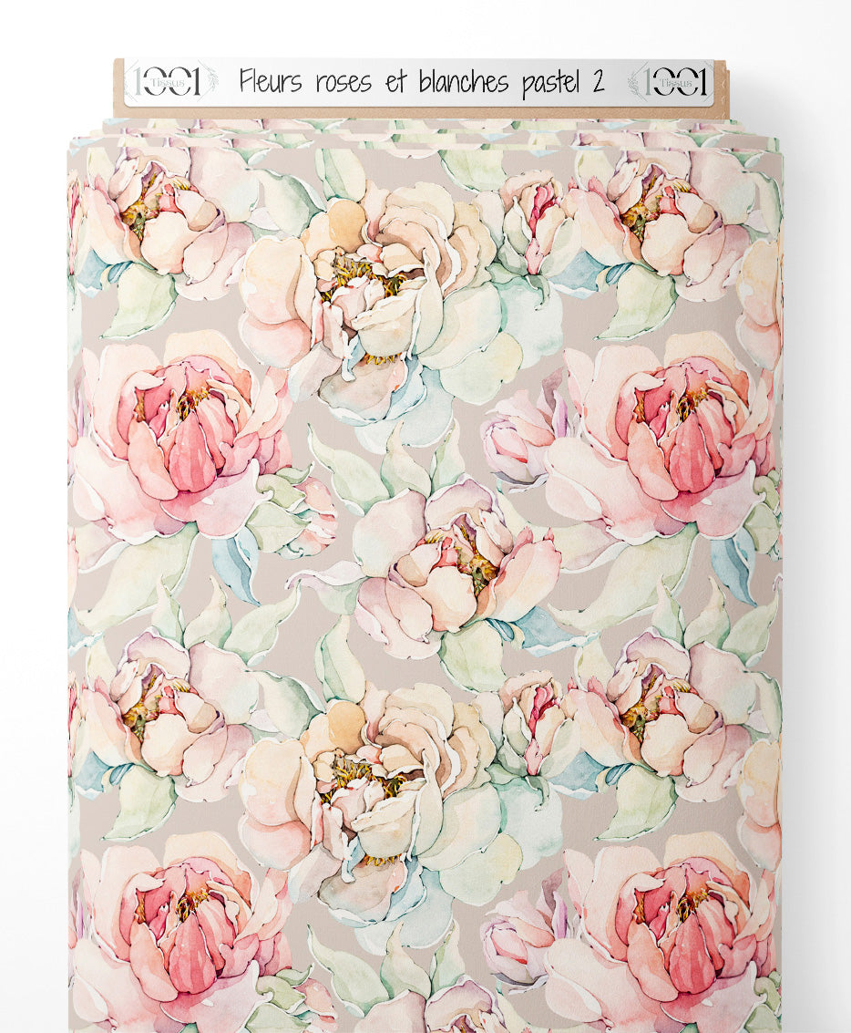 Tissu - Fleurs roses et blanches pastel 2