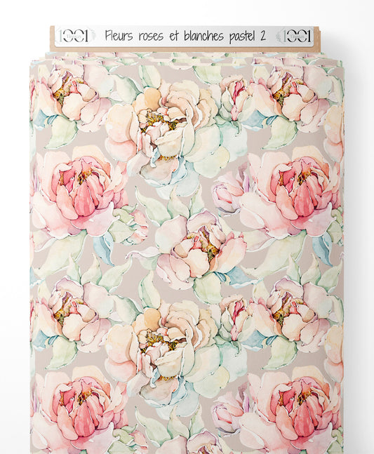 Tissu - Fleurs roses et blanches pastel 2