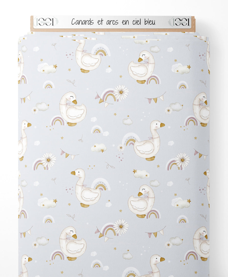 Tissu - Canards et arcs-en-ciel bleu