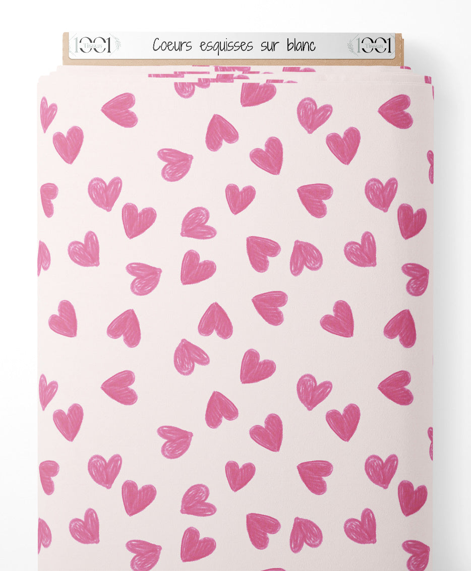 Tissu - Cœurs esquissés sur blanc