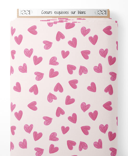 Tissu - Cœurs esquissés sur blanc