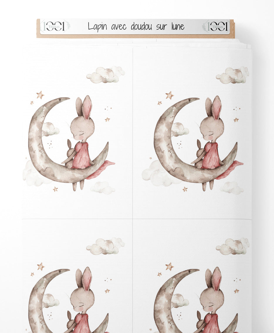 Tissu - Lapin avec doudou sur lune