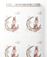 Tissu - Lapin avec doudou sur lune