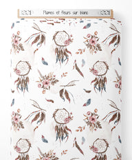 Tissu - Plumes et fleurs sur blanc