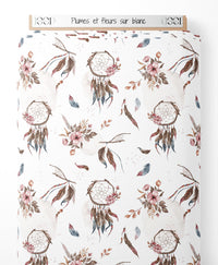 Tissu - Plumes et fleurs sur blanc