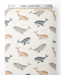 Tissu - Baleines aquarelle pastel