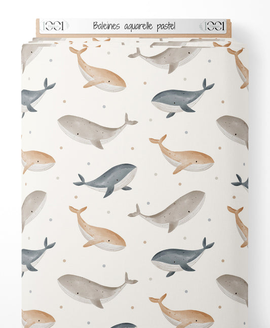 Tissu - Baleines aquarelle pastel