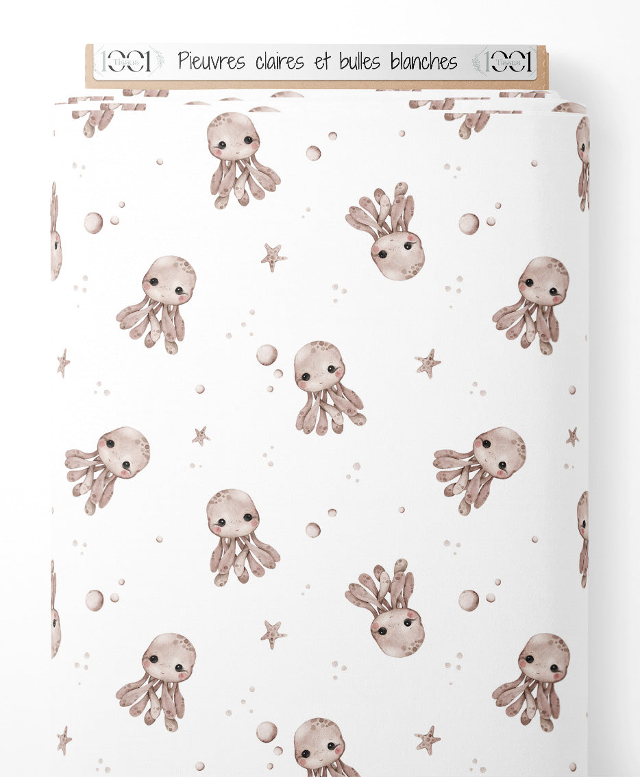 Tissu - Pieuvres claires et bulles blanches