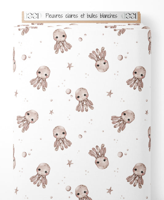 Tissu - Pieuvres claires et bulles blanches