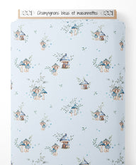 Tissu - Champignons bleus et maisonnettes