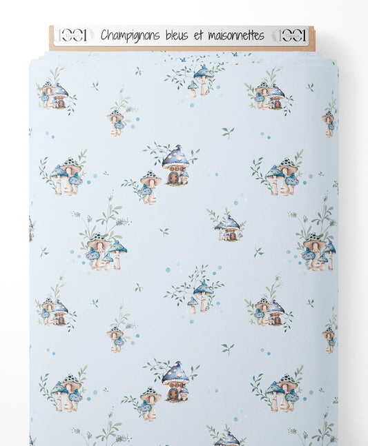 Tissu - Champignons bleus et maisonnettes