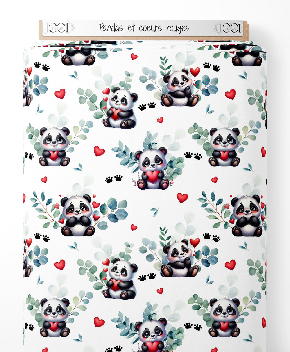 Tissu - Pandas et coeurs rouges