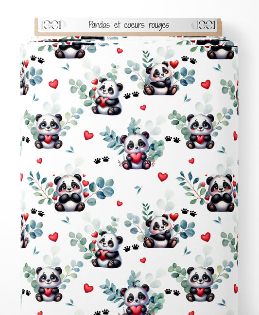 Tissu - Pandas et coeurs rouges