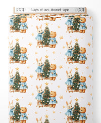 Tissu - Lapin et ours décorant sapin
