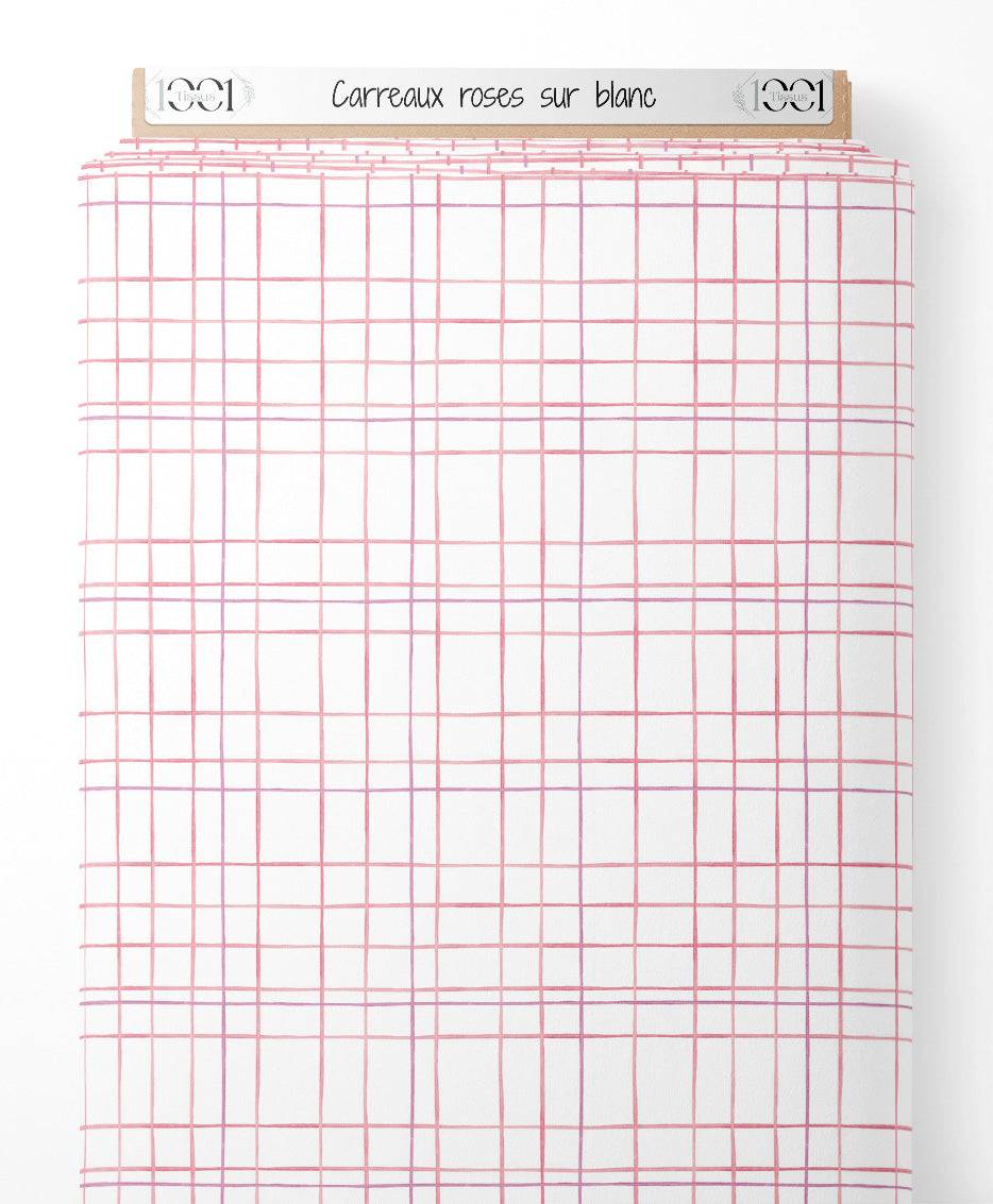 Tissu - Carreaux roses sur blanc