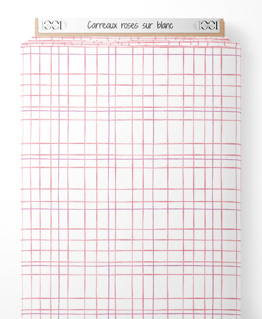 Tissu - Carreaux roses sur blanc