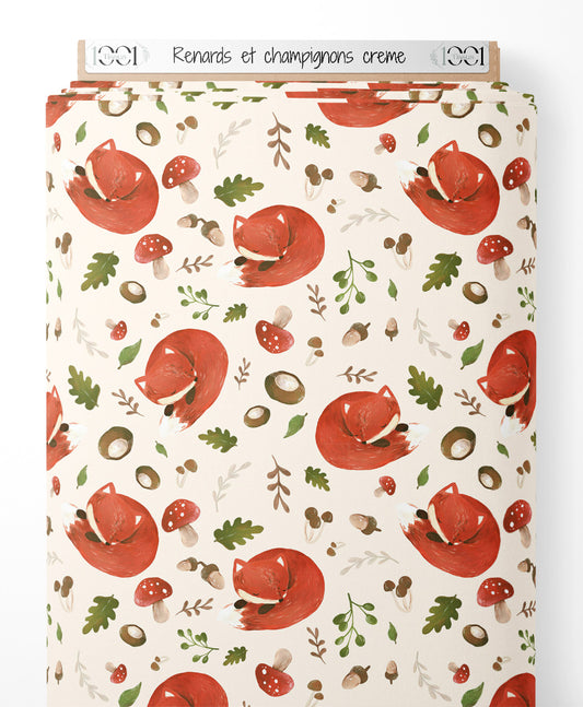 Tissu - Renards et champignons crème