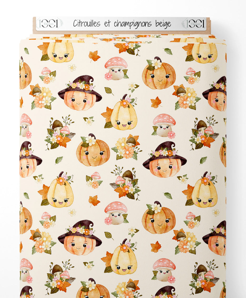 Tissu - Citrouilles et champignons beige