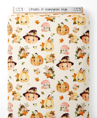 Tissu - Citrouilles et champignons beige