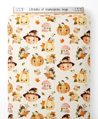 Tissu - Citrouilles et champignons beige