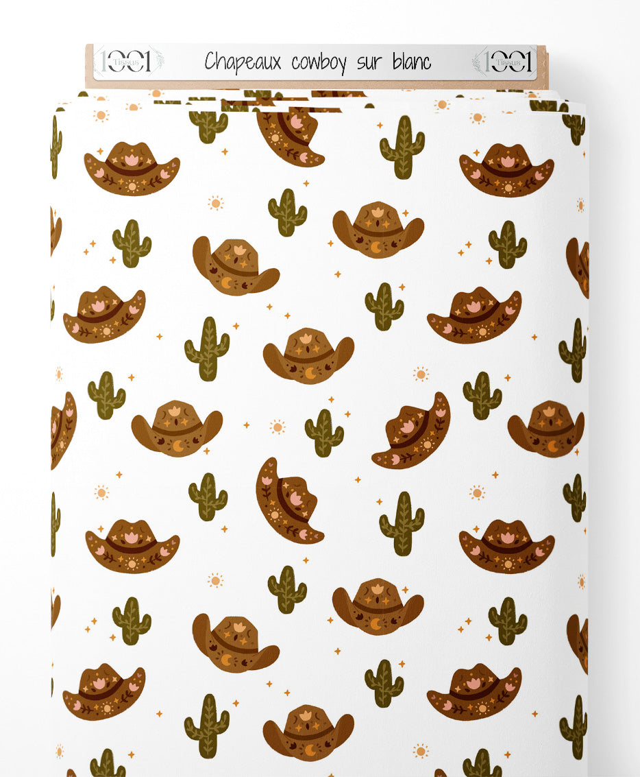 Tissu - Chapeaux cowboy sur blanc