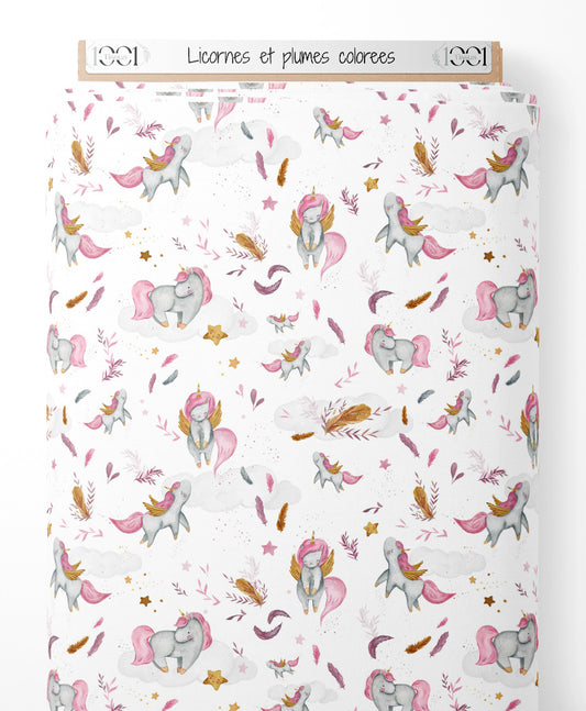 Tissu - Licornes et plumes colorées