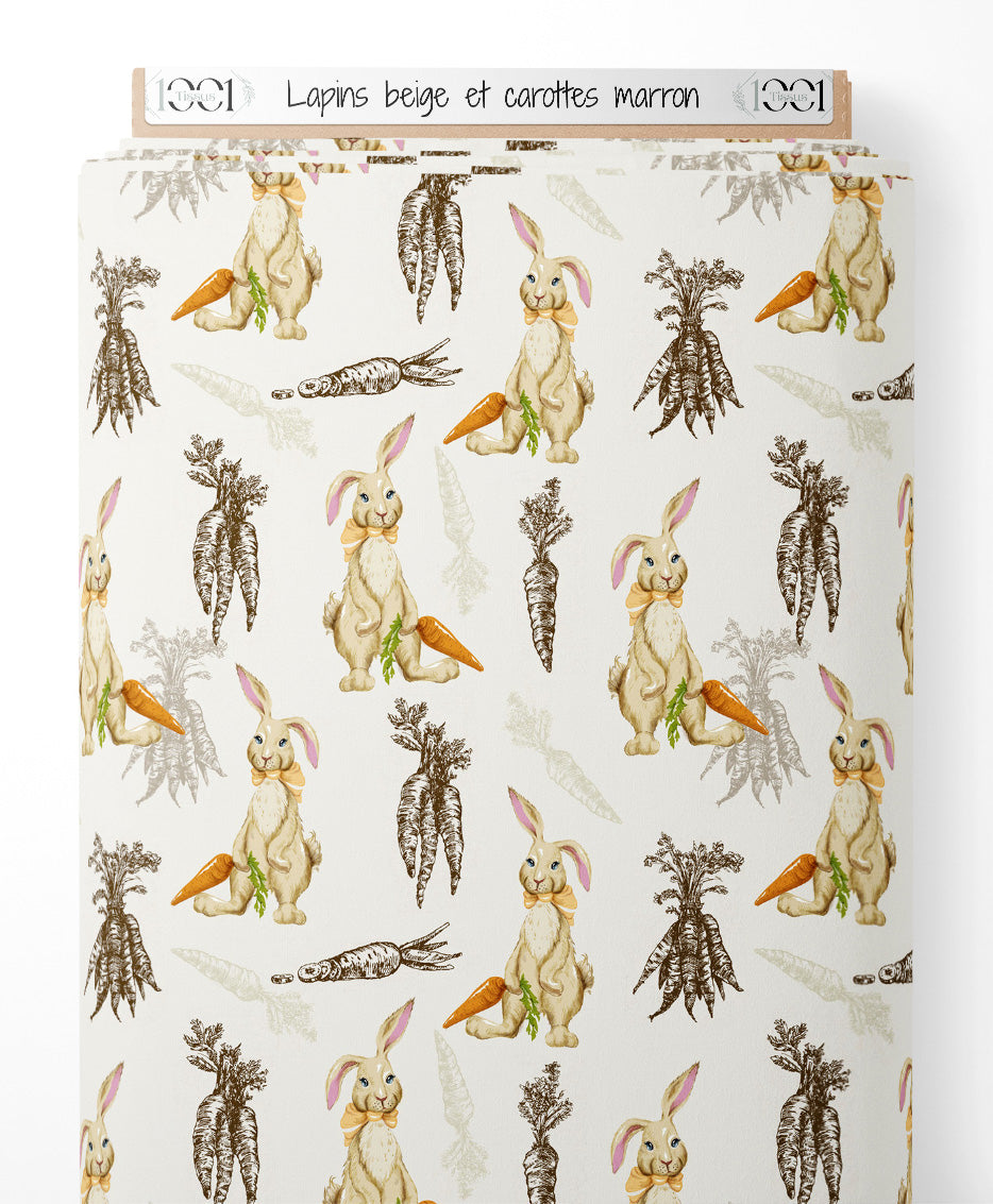 Tissu - Lapins beige et carottes marron