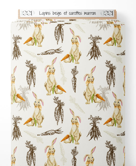 Tissu - Lapins beige et carottes marron