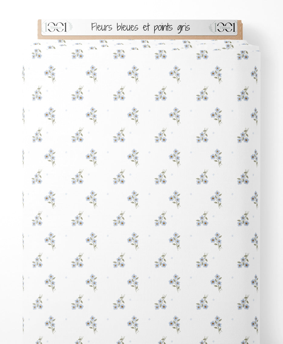 Tissu - Fleurs bleues et points gris