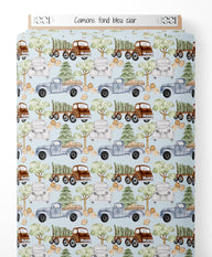 Tissu - Camions sur fond bleu clair