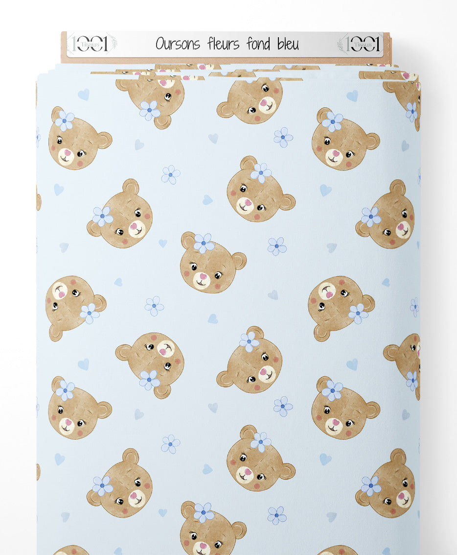 Tissu - Oursons fleurs fond bleu