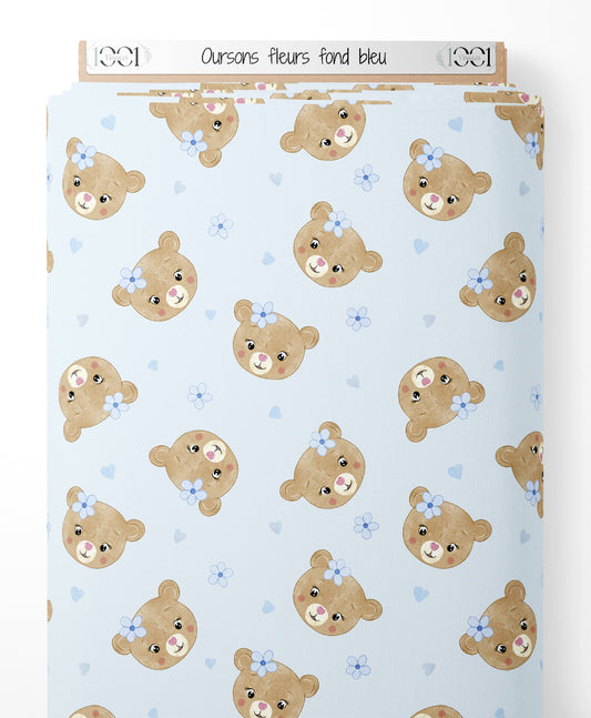Tissu - Oursons fleurs fond bleu