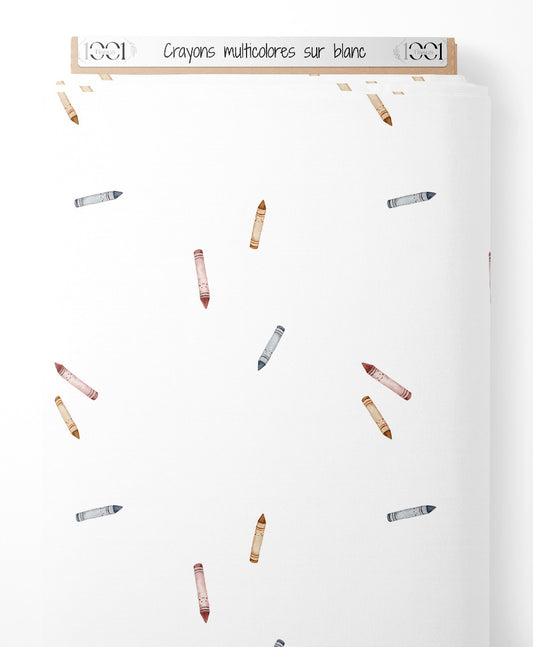 Tissu - Crayons multicolores sur blanc