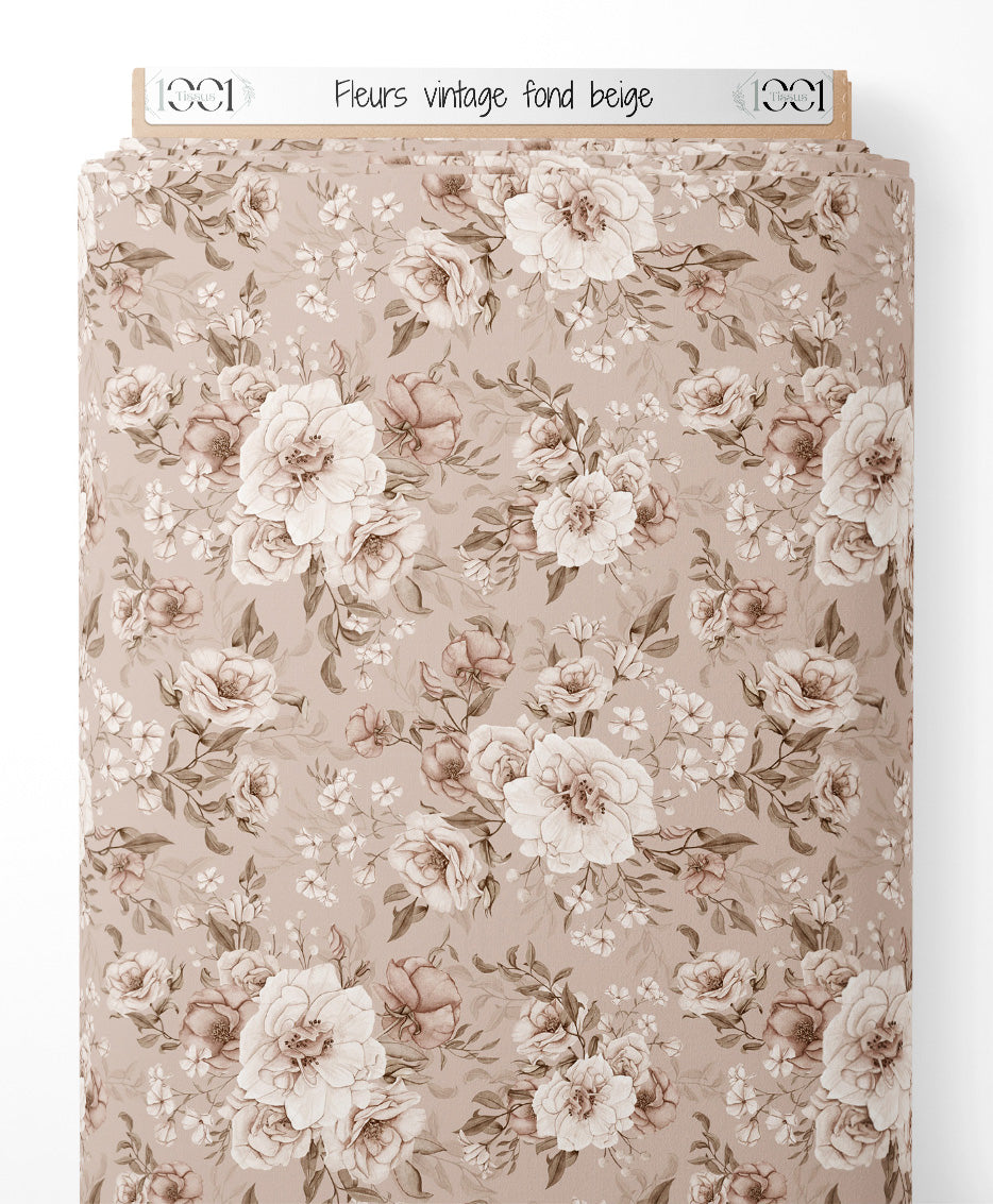 Tissu - Fleurs vintage sur fond beige