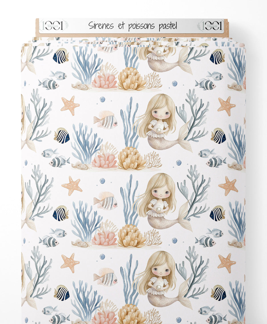 Tissu - Sirènes et poissons pastel