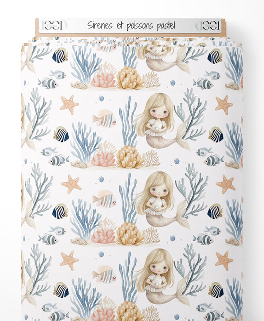 Tissu - Sirènes et poissons pastel