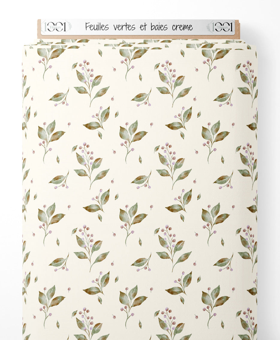 Tissu - Feuilles vertes et baies crème