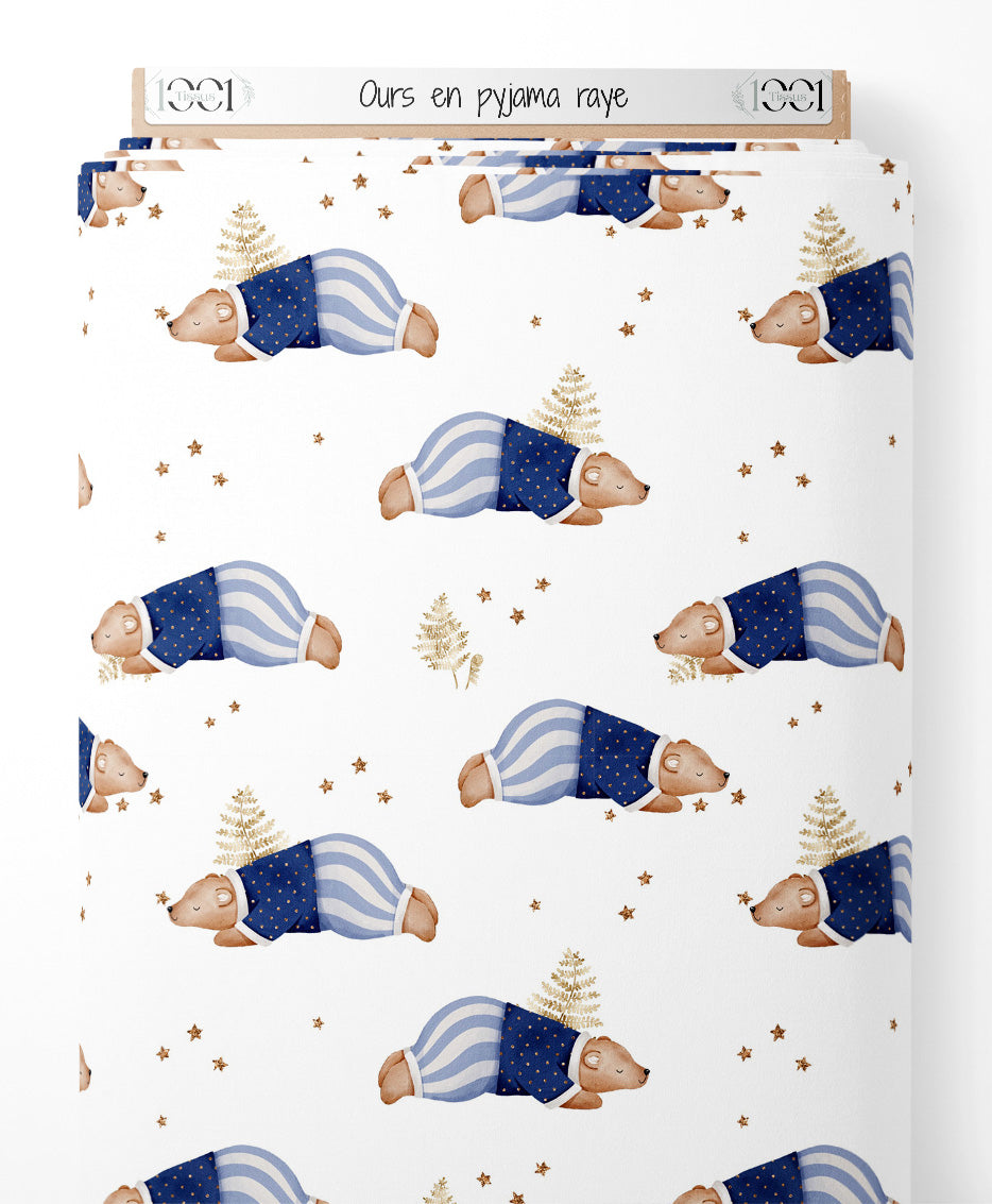 Tissu - Ours en pyjama rayé