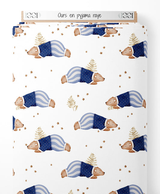 Tissu - Ours en pyjama rayé