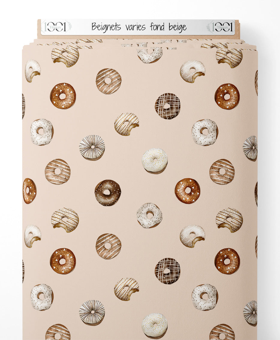 Tissu - Beignets variés sur fond beige