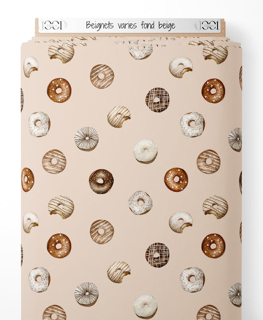 Tissu - Beignets variés sur fond beige