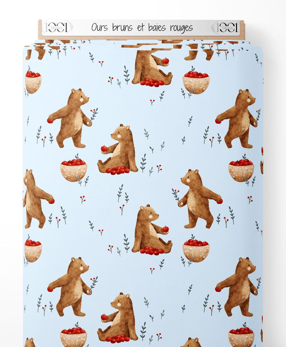 Tissu - Ours bruns et baies rouges
