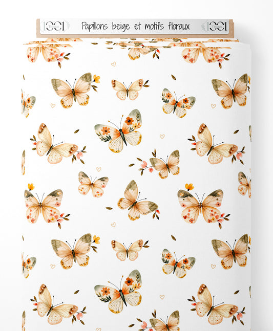 Tissu - Papillons beige et motifs floraux