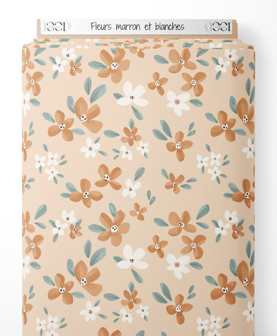 Tissu - Fleurs marron et blanches