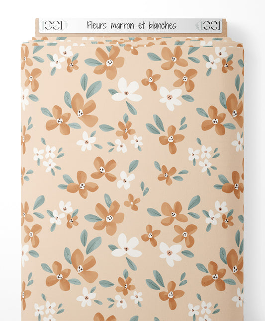 Tissu - Fleurs marron et blanches