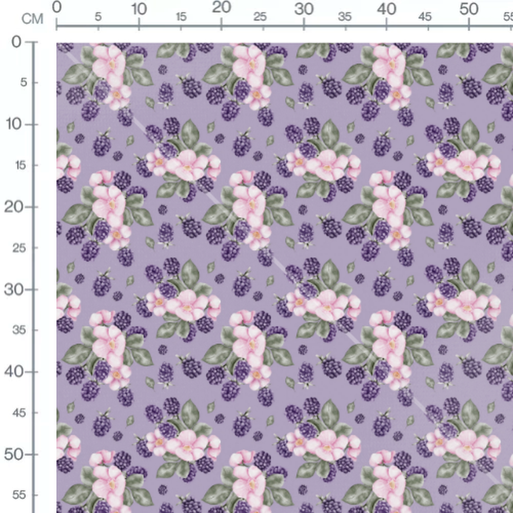 Tissu - Fleurs roses et baies violettes